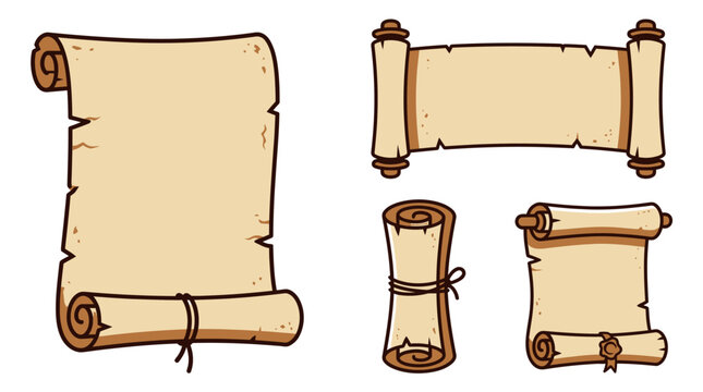 A collection of blank vintage paper scrolls on white background