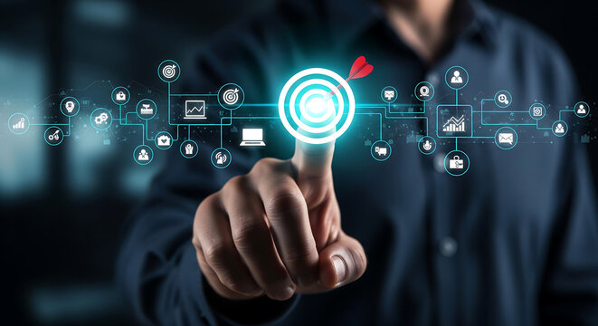 Businessman's index finger touching a glowing cyan target with a red dart, connected to a network of business icons, suitable for marketing strategy, goal planning and digital transformation campaigns