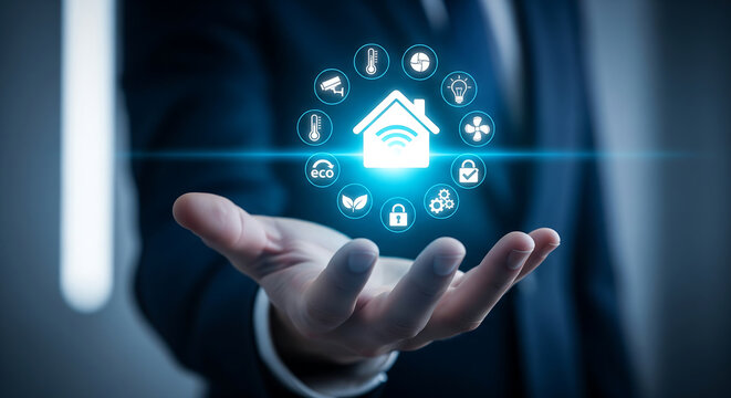 Businessman's open outstretched hand holding a glowing smart home wifi icon with surrounding IoT service symbols, perfect for proptech marketing, smart home campaigns and home automation promotions