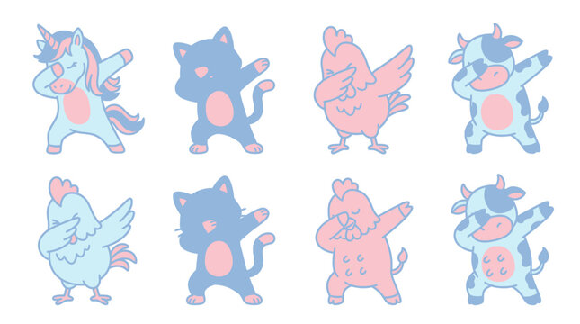 Cute cartoon animals performing the dab dance move together