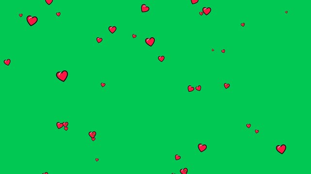 Cartoon red hearts hand drawn illustration floating up on chroma key green screen background for romance overlay video editing