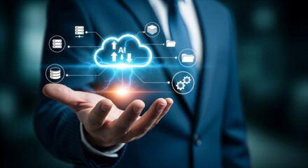 Fototapeta premium Businessman's outstretched palm holding a glowing AI cloud computing interface with connected data icons, perfect for tech marketing, cloud service promotion, enterprise digital transformation