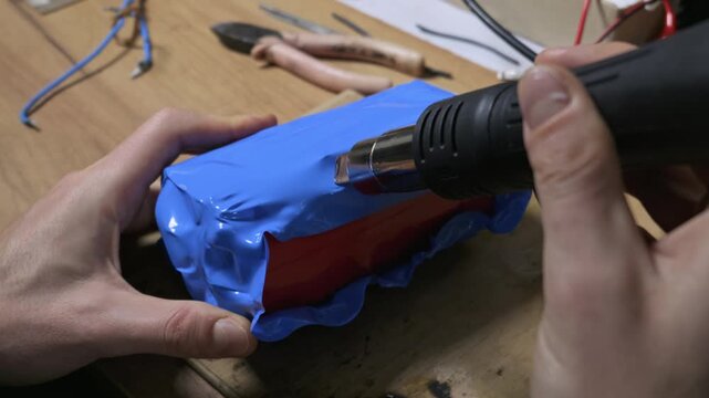 Male hands use a heat gun to shrink blue PVC insulation film onto a lithium battery pack on a wooden workbench. Concept of DIY electronics repair, energy storage assembly, and custom engineering