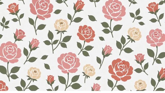 Elegant looping floral animation with flat roses buds and leaves in a seamless botanical composition