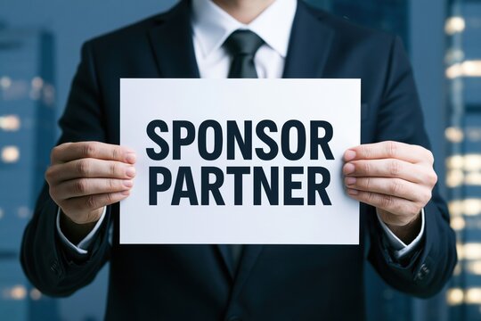 Businessman holding a white paper sign with sponsor partner message