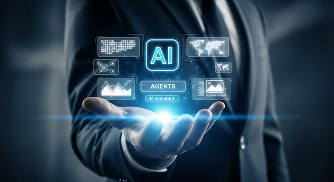 Businessman's outstretched palm holding glowing AI assistant interface with analytics graphs and world maps, ideal for tech marketing, corporate AI implementation and digital transformation content