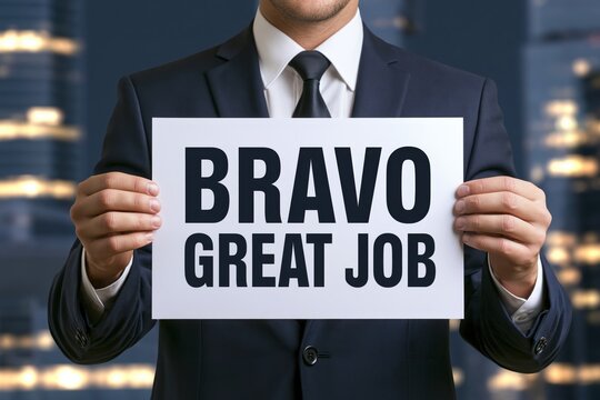 Businessman displaying bravo great job text on paper at nighttime