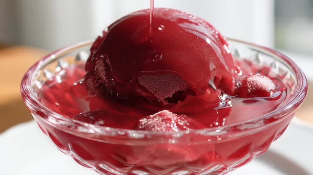 Deep red fruit sorbet scoop generously topped with syrupy sauce in a clear glass bowl