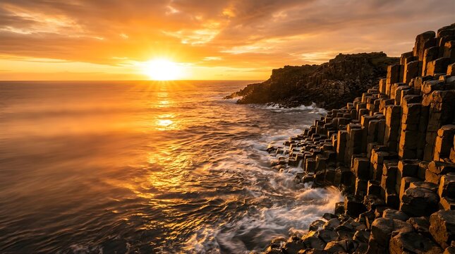 Scenic sunset over basalt columns at Giant's Causeway in Northern Ireland
