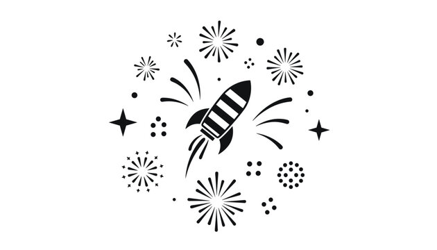 Rocket launching in space surrounded by stars and fireworks, depicted as a simple black stencil on a white background.