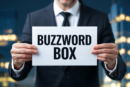 Professional businessman holding white paper sign showing buzzword box concept