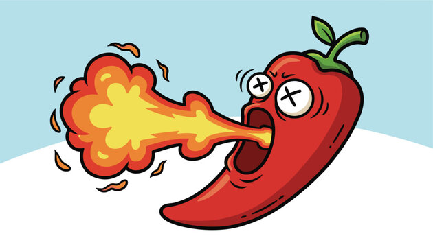 Spicy red chili pepper cartoon character breathing a stream of fire with crossed out eyes, representing extreme heat.