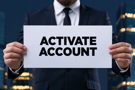 Corporate businessman holding a white sign displaying the text ACTIVATE ACCOUNT