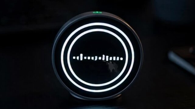 A close-up of a circular smart device with a glowing white equalizer display in a dark room.