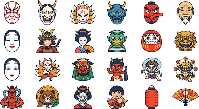 Japanese Traditional Cultural Icons and Festival Characters Vector Set