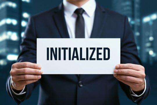 Businessman holding a white paper sign with initialized text