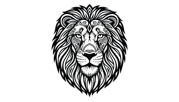 Detailed black and white lion head vector illustration featuring beautiful tribal ornaments and ethnic patterns.