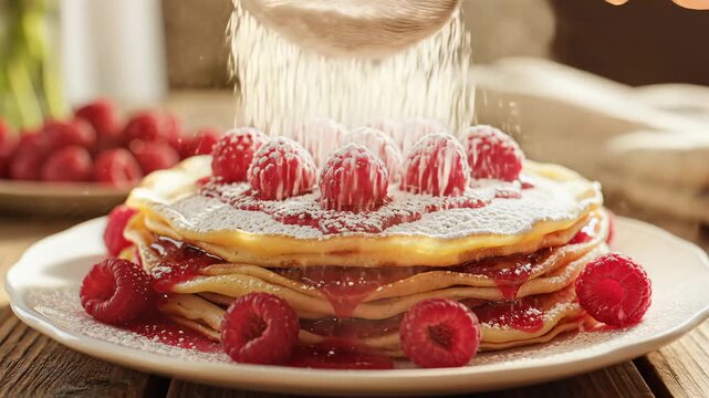 Delicious stack of pancakes topped with fresh berries and powdered sugar dusting close up