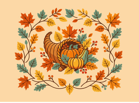 Autumn cornucopia with pumpkins and fall leaves illustration