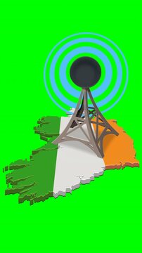 Ireland communication tower broadcasting signals over the country map. Media and networking concept. Chroma key green screen with alpha channel. (loopable)
