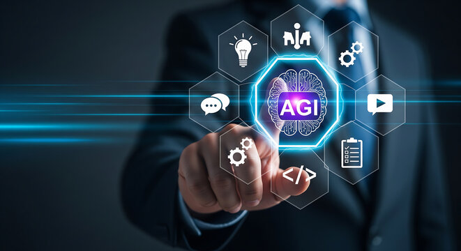 Close-up of businessman's hand touching a glowing AGI digital interface with neon hexagon icons on dark background, concept for enterprise technology, AI strategy and digital transformation