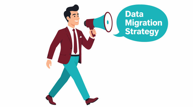 Businessman announcing data migration strategy concept.
