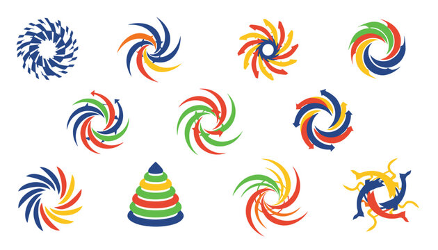 Collection of ten colorful circular arrow swirl designs representing recycling, loop systems, and infinite motion.