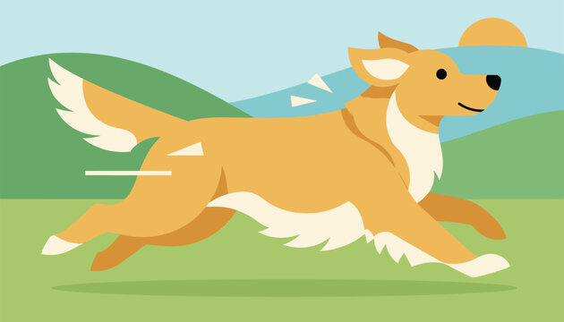 Cute golden retriever dog running joyfully across a green field during a warm sunset in a lovely cartoon style.