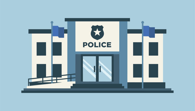 Modern police station building graphic featuring a blue star badge logo, double glass doors, and two waving flags.