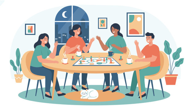 Friends gathering around a wooden table to play a fun board game while drinking hot coffee during a cozy evening at home.