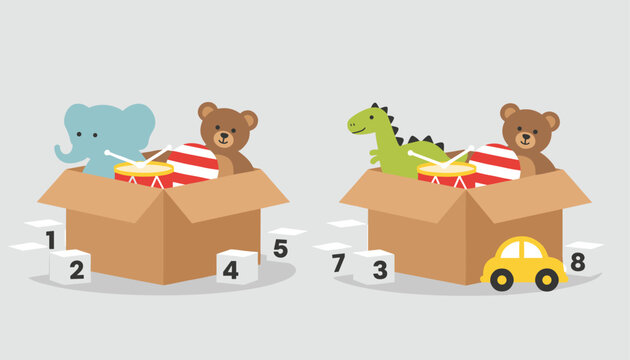 Educational math puzzle for kids to find the difference between two cardboard boxes filled with colorful toys.