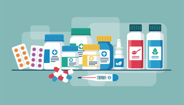 Collection of various medical bottles, pill blisters, capsules, and a digital thermometer arranged on a shelf.