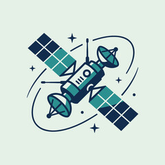 A stylized space satellite orbits in a dark teal color © shubud