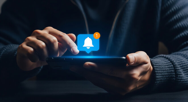 Close-up of hands tapping a smartphone with a glowing blue notification bell icon and unread alert, ideal for app development, digital communication marketing and mobile service promotions