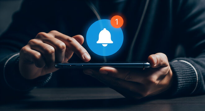Close-up of hands tapping a smartphone with a glowing notification bell and unread alert badge on dark background, suitable for app marketing, digital communication campaigns and social media content
