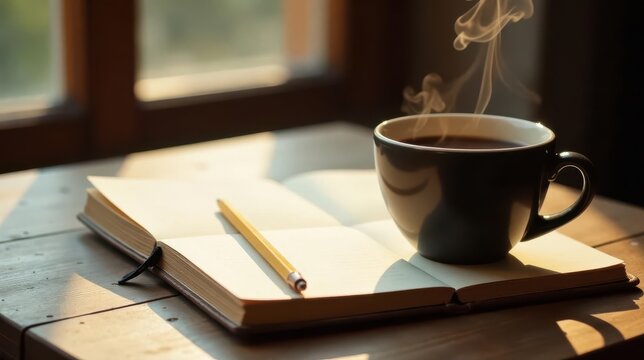 Warm morning beverage steaming beside an open notebook and pencil, ready for writing and reflection