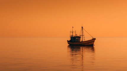 Fototapeta premium Silhouette of a fishing boat on calm water during sunset. The warm orange light creates an atmosphere of privacy and sea tranquility.