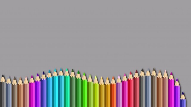 Abstract colorful wooden pencils reveal animation with dynamic wave effect on transparent alpha channel background. Colored pencils rise from the bottom and form a smooth wave animation