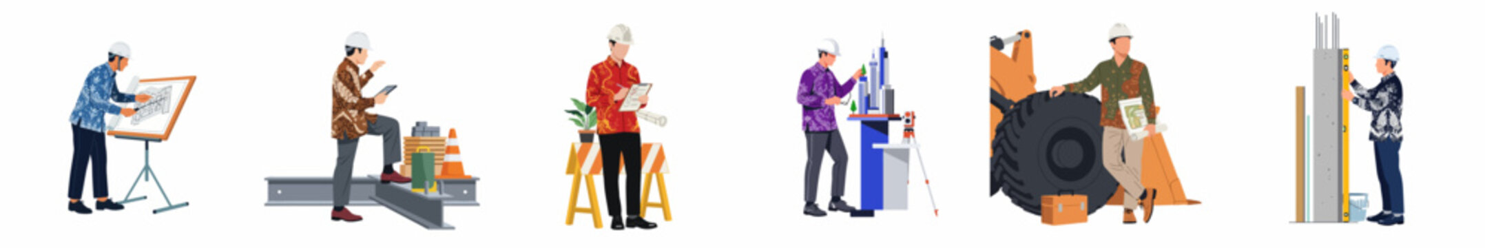 Indonesian Construction Professionals and Architects in Batik Shirts and Hard Hats Working on Various Building and Engineering Projects