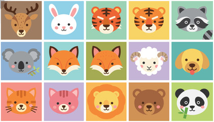 Obraz premium Grid of fifteen colorful cartoon animal faces including deer, rabbit, tiger, fox, sheep, panda, lion, and bear.