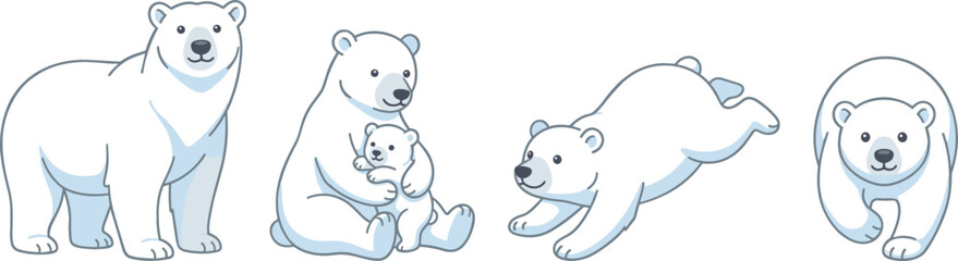 Cute Polar Bear Vector Set Featuring Standing Walking Running and Mother with Cub Illustrations for Arctic Wildlife Environmental Protection and Winter Graphic Designs © amzad