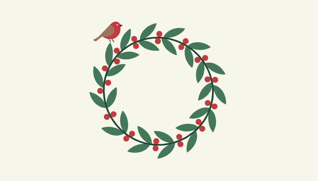 Delicate green leaf wreath adorned with red berries and a cute little bird perched on top, isolated on a light background.