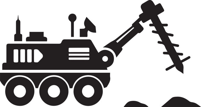 Black vector illustration of a drilling machine with a large drill bit isolated on white background