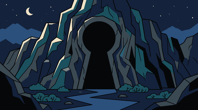Moonlit keyhole cave entrance in mountain silhouette.