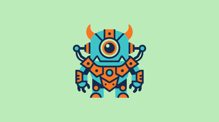 A cute blue robot monster stands on a green background © son