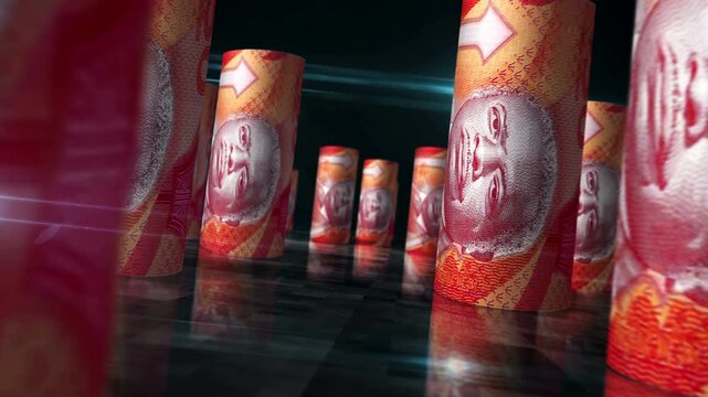 Barbados Dollar barbadian money rolls loop 3d. Money on table. Seamless and loopable abstract concept of economy, finance and business. Camera between 50 BBD rolled banknotes.