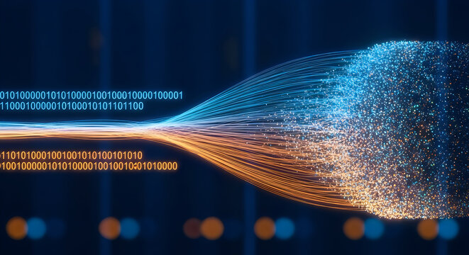 Glowing digital binary data streams flowing into a sparkling cloud of particles representing modern artificial intelligence and complex information processing