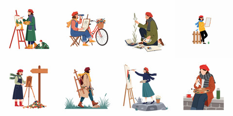Fototapeta premium Set of flat illustrations featuring a female artist in a red beret painting and sketching in various outdoor natural settings.