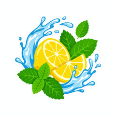 Fresh lemon slices with green mint leaves and water splash © sunan