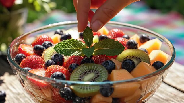 Fresh mixed fruit salad bowl healthy refreshing outdoor sunlight